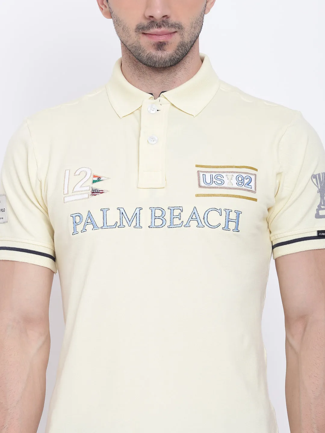 Men Casual Solid Yellow Polo Collar T-Shirt