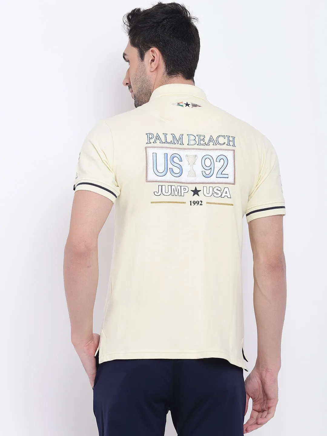 Men Casual Solid Yellow Polo Collar T-Shirt