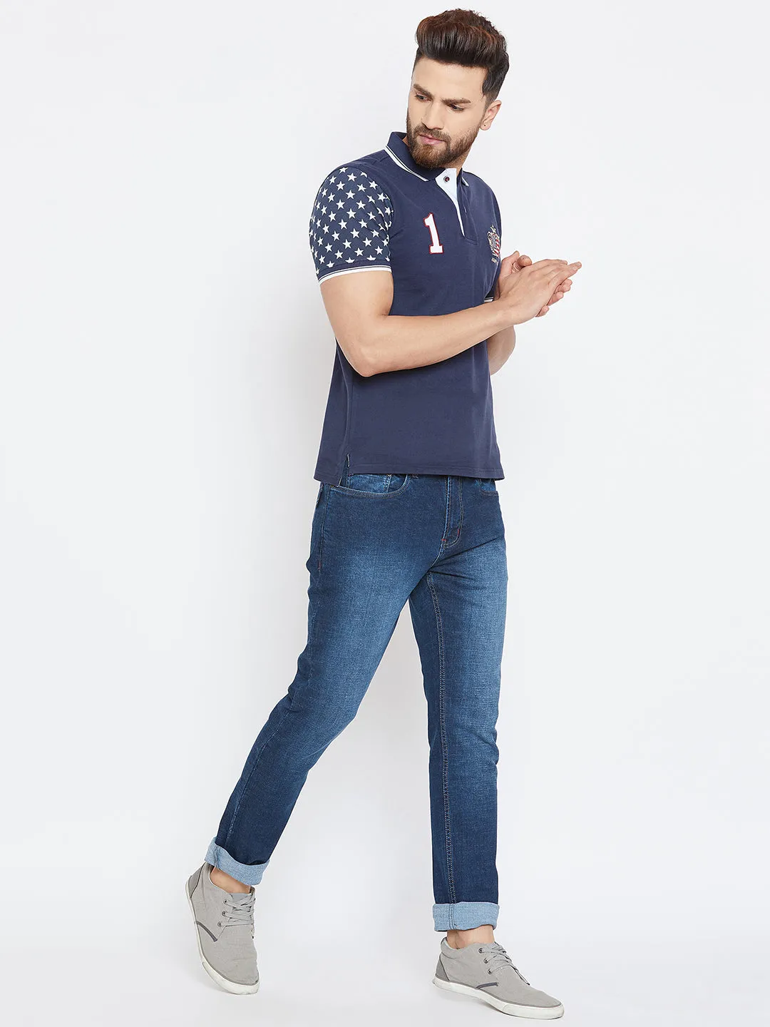 Men Navy Blue Casual Polo Collar T-shirt