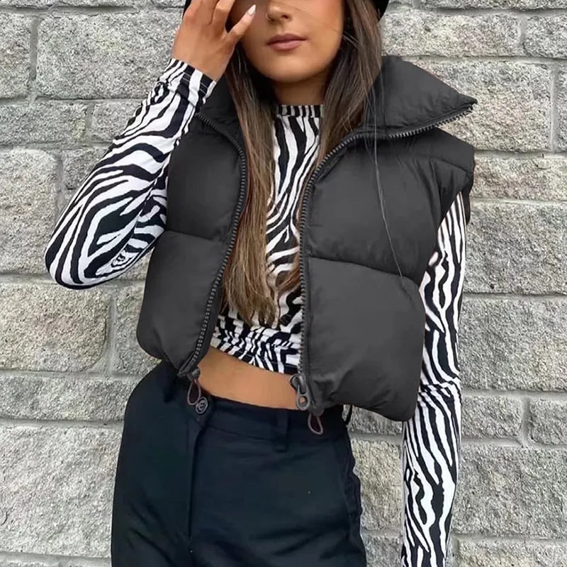 New Puffy Vest Women Zip Up Stand Collar Sleeveless Lightweight Padded Cropped Puffer Quilted Vest Winter Warm Coat Jacket