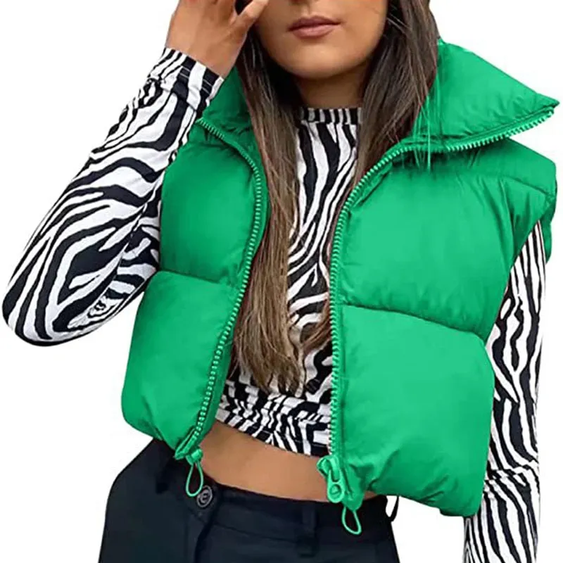 New Puffy Vest Women Zip Up Stand Collar Sleeveless Lightweight Padded Cropped Puffer Quilted Vest Winter Warm Coat Jacket