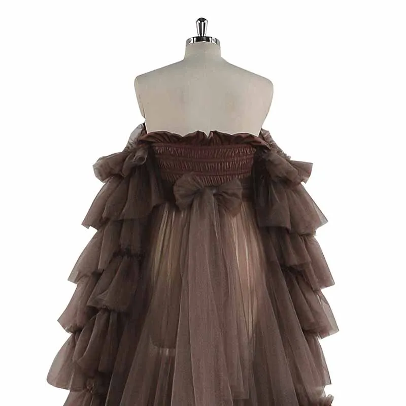 Puffy Ruffles Tulle Robe for Maternity Photoshoot Sheer Off Shoulder Maternity Baby Shower Prom Gown