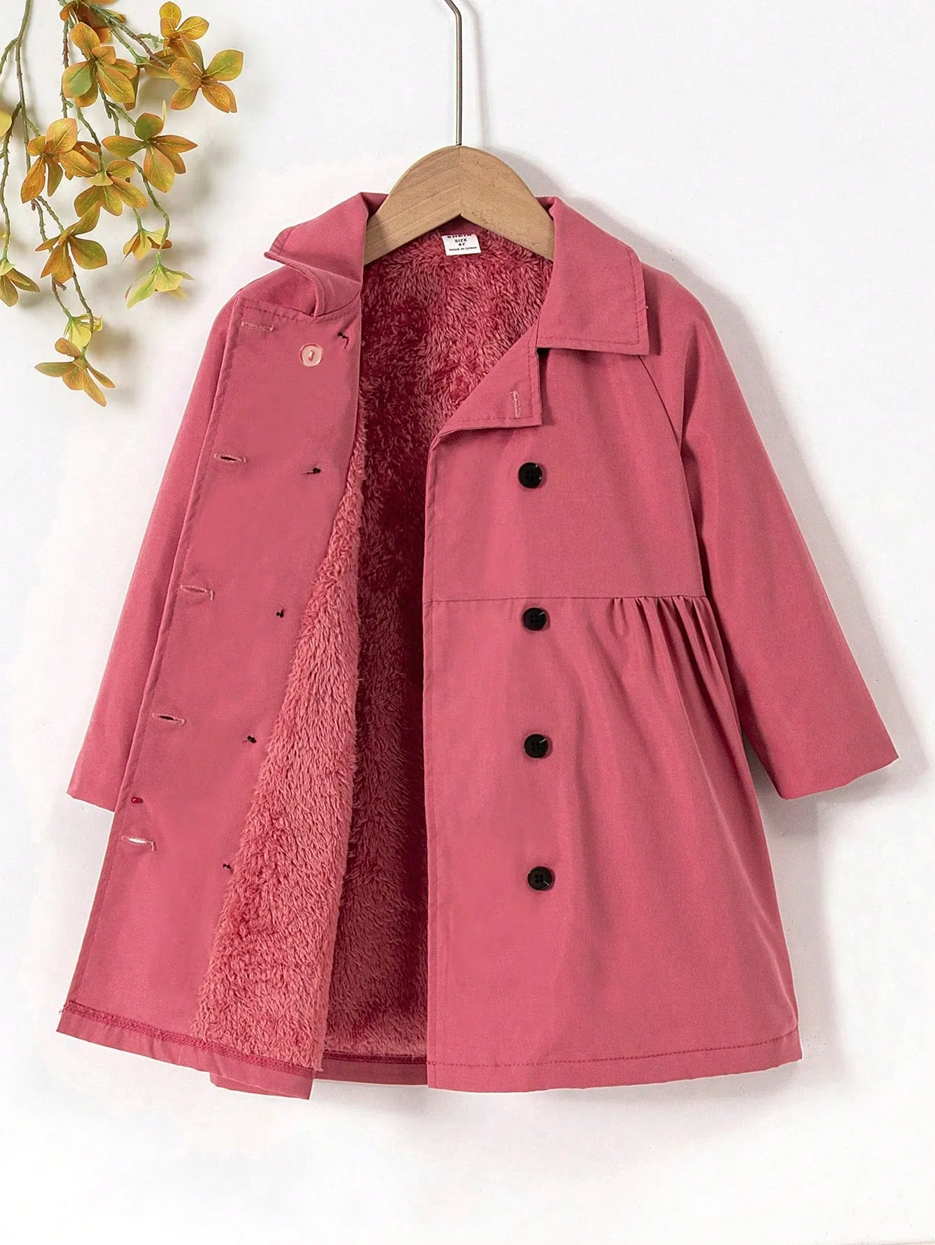 SHEIN Young Girl Raglan Sleeve Double Breasted Teddy Lined Coat FD