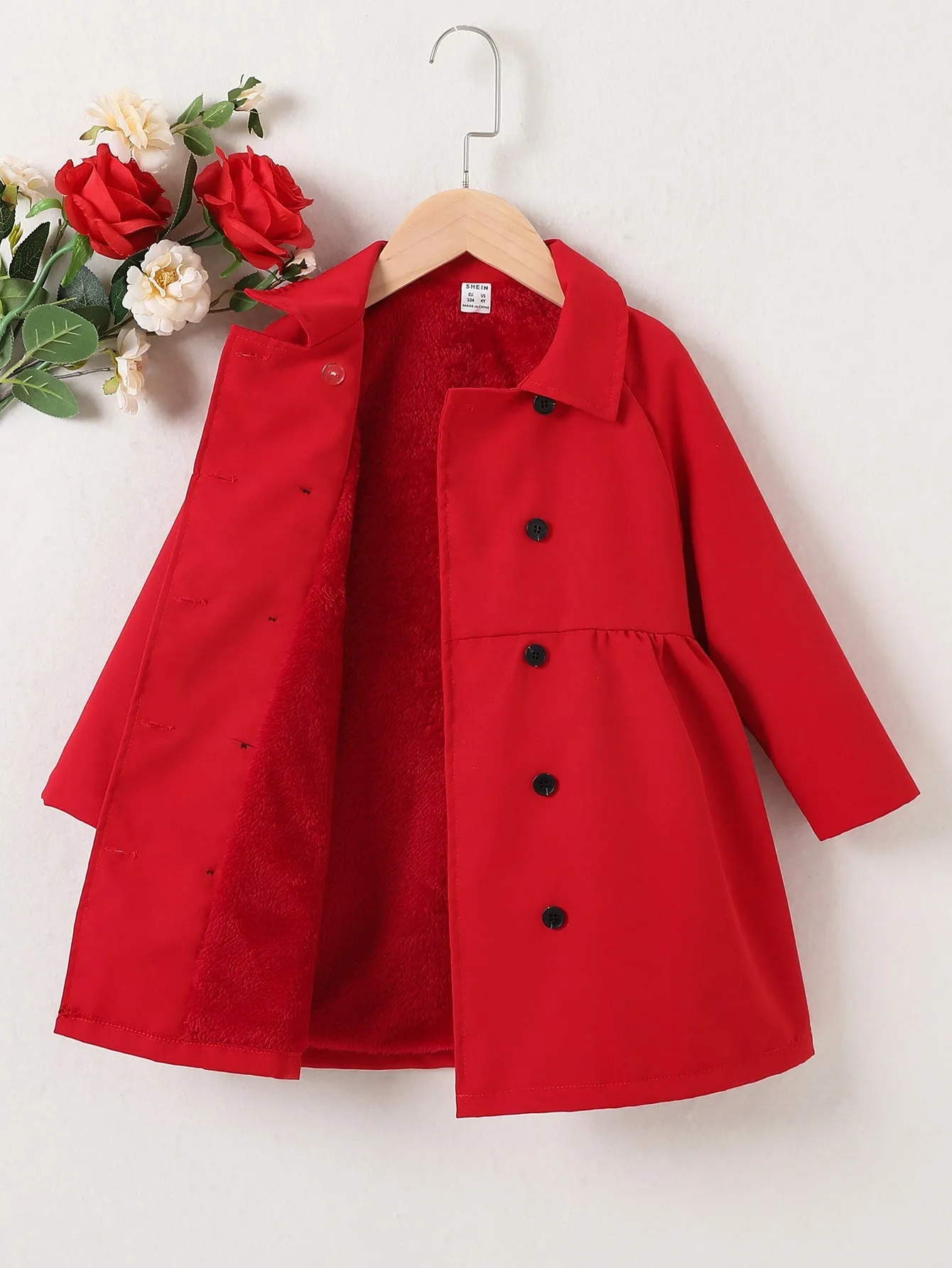 SHEIN Young Girl Raglan Sleeve Double Breasted Teddy Lined Coat FD