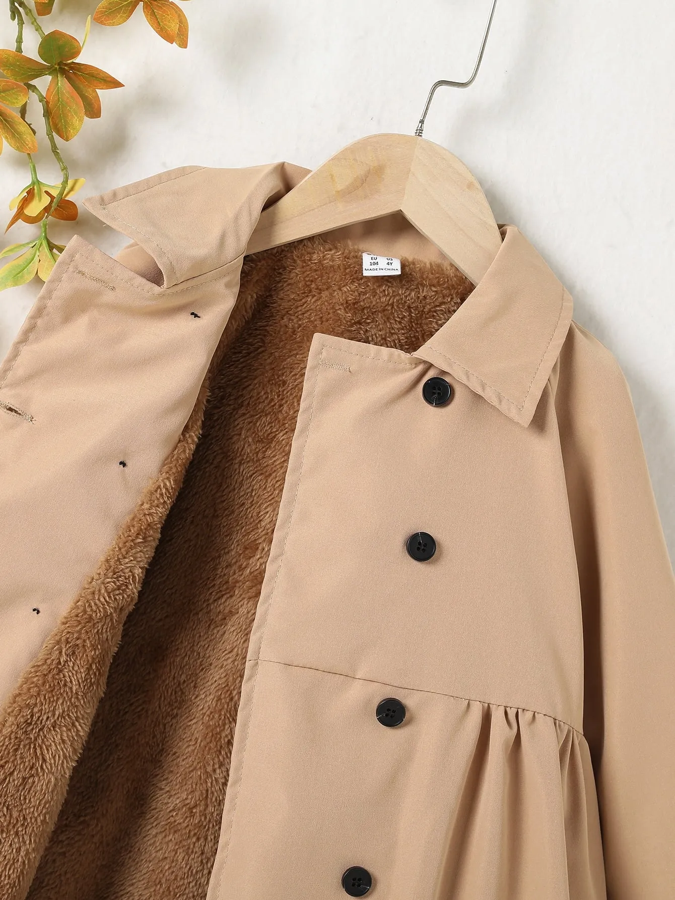 SHEIN Young Girl Raglan Sleeve Double Breasted Teddy Lined Coat FD