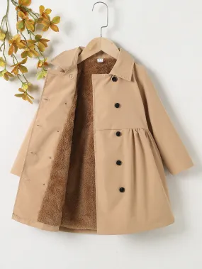 SHEIN Young Girl Raglan Sleeve Double Breasted Teddy Lined Coat FD
