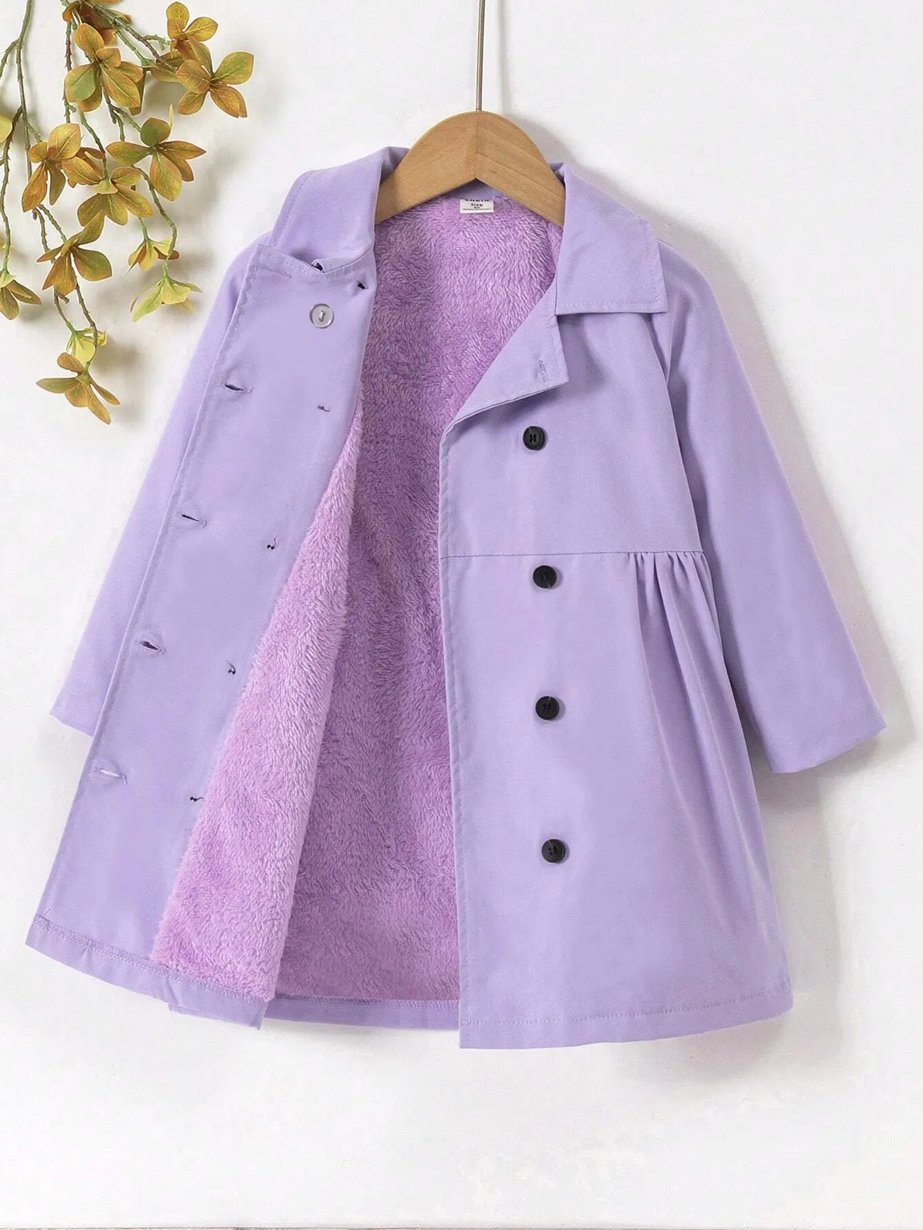 SHEIN Young Girl Raglan Sleeve Double Breasted Teddy Lined Coat FD