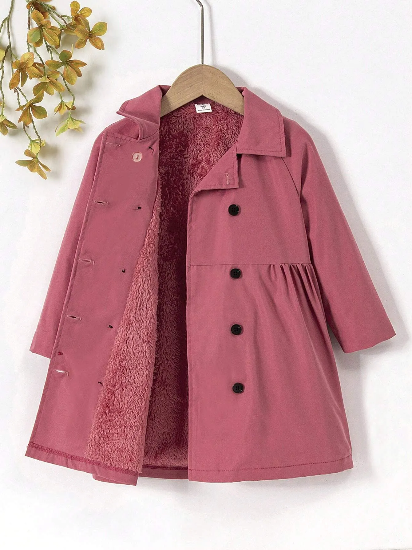 SHEIN Young Girl Raglan Sleeve Double Breasted Teddy Lined Coat FD