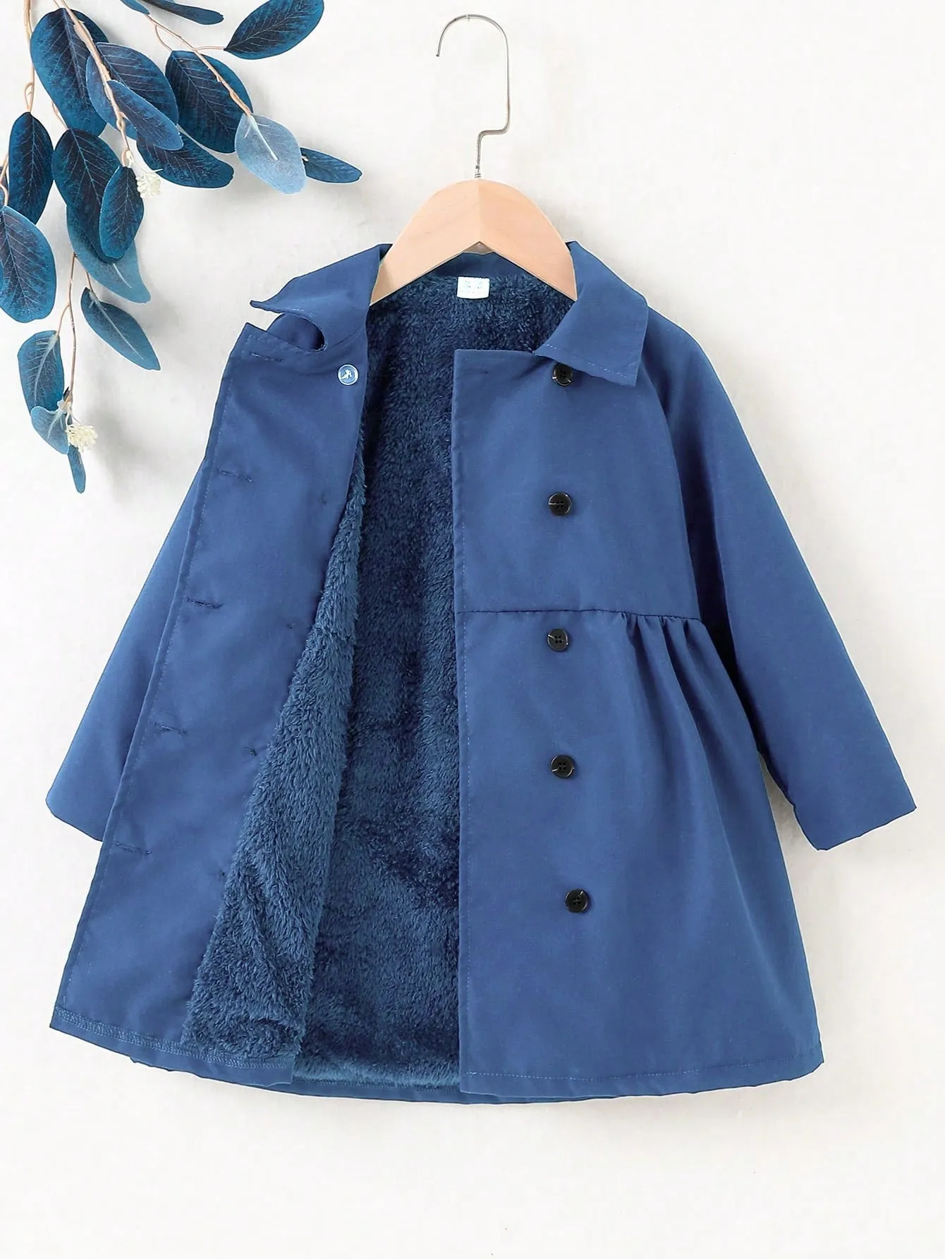 SHEIN Young Girl Raglan Sleeve Double Breasted Teddy Lined Coat FD