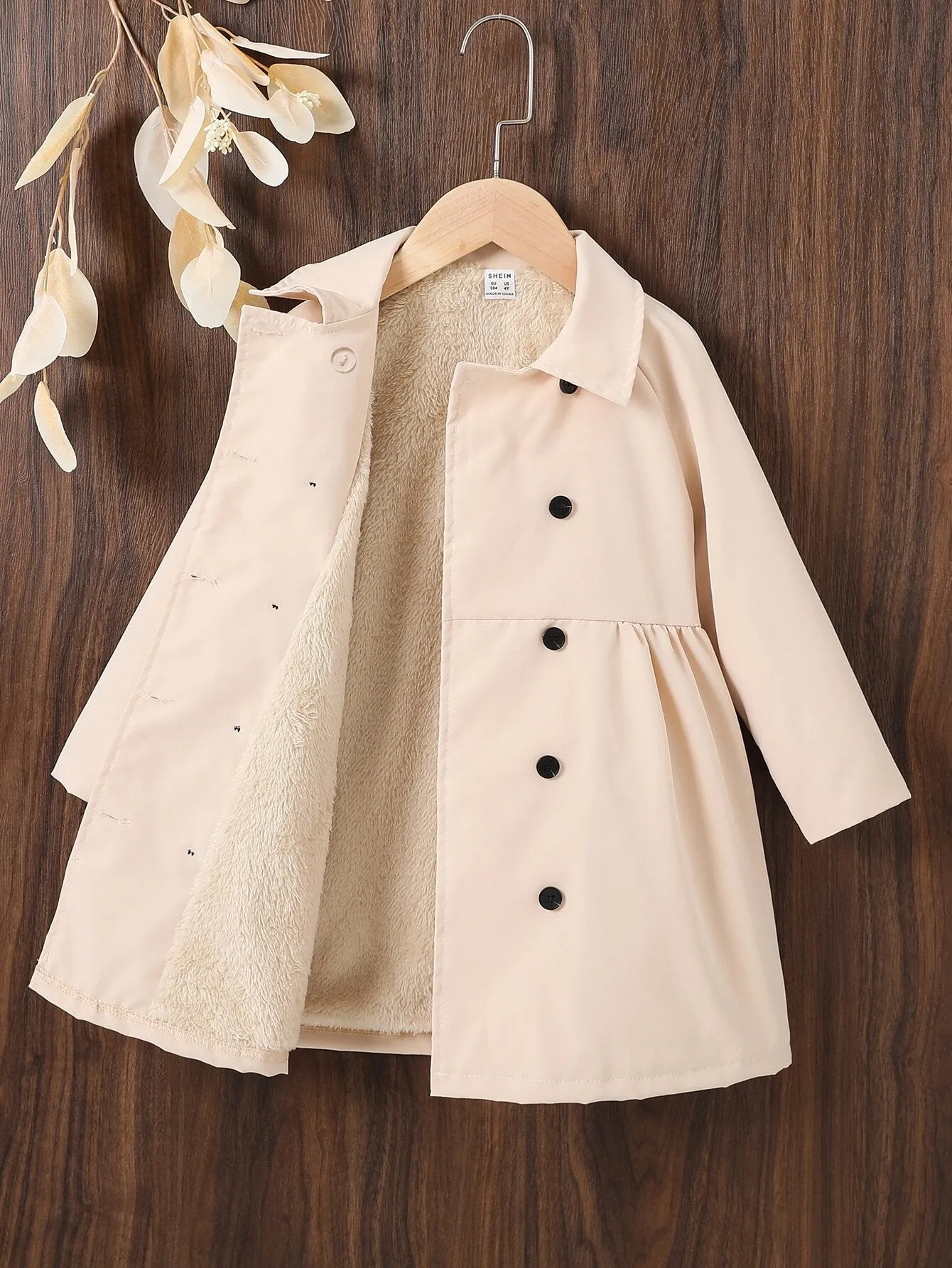 SHEIN Young Girl Raglan Sleeve Double Breasted Teddy Lined Coat FD