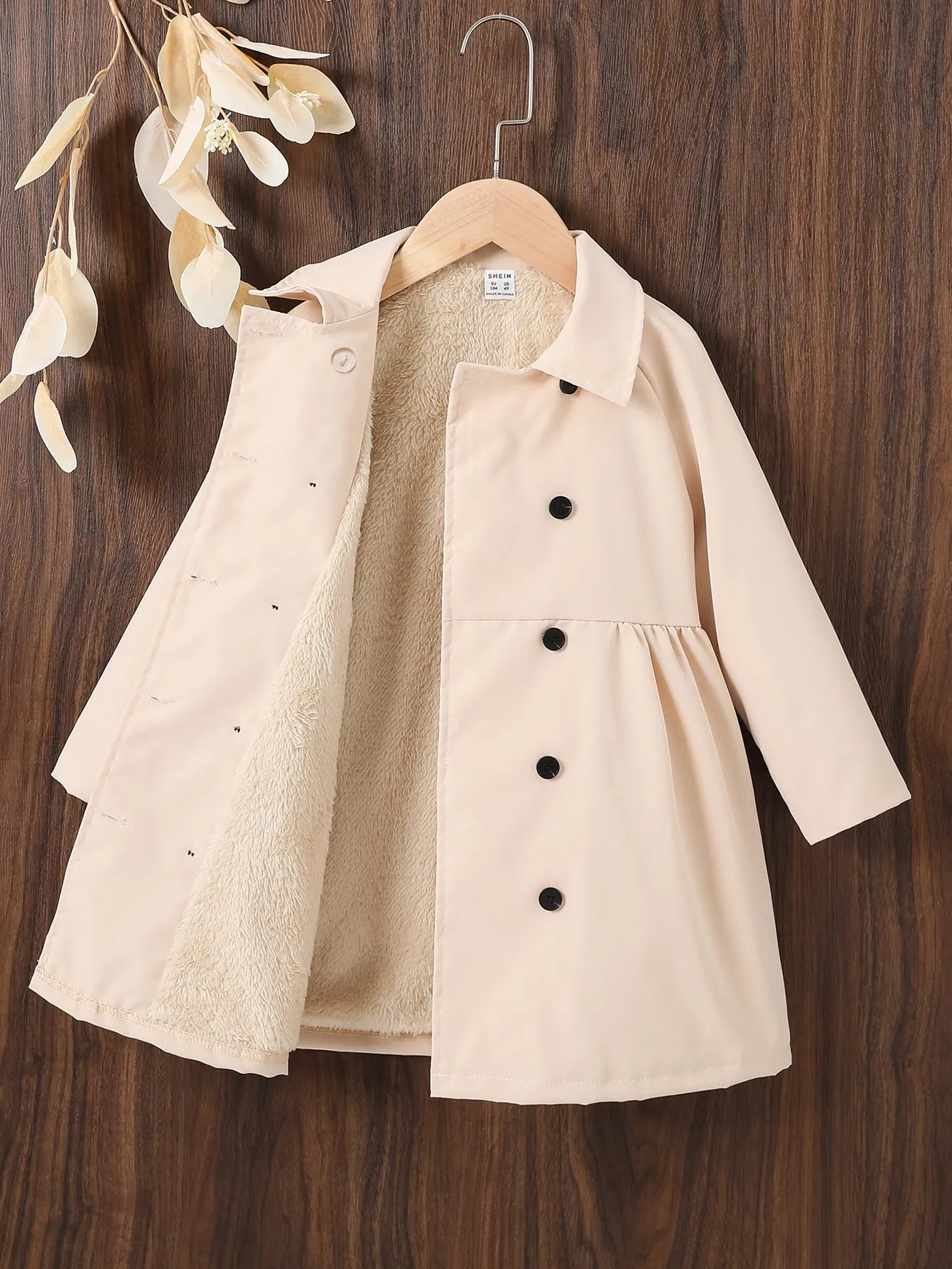 SHEIN Young Girl Raglan Sleeve Double Breasted Teddy Lined Coat FD