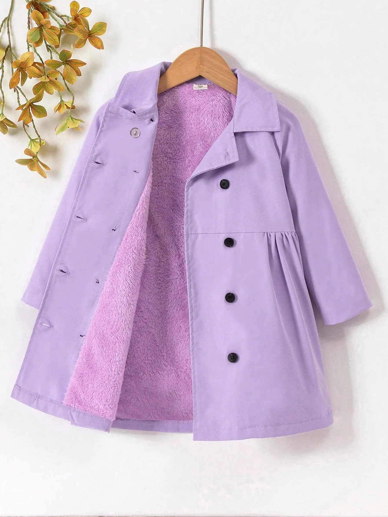 SHEIN Young Girl Raglan Sleeve Double Breasted Teddy Lined Coat FD