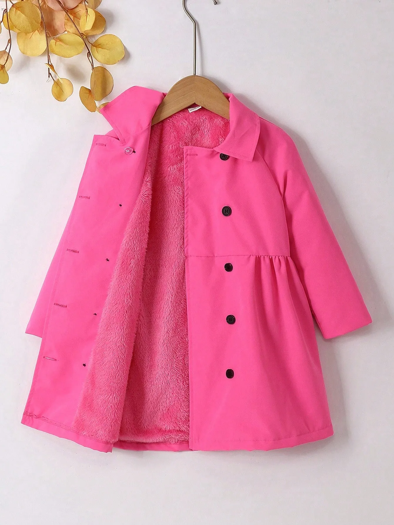 SHEIN Young Girl Raglan Sleeve Double Breasted Teddy Lined Coat FD