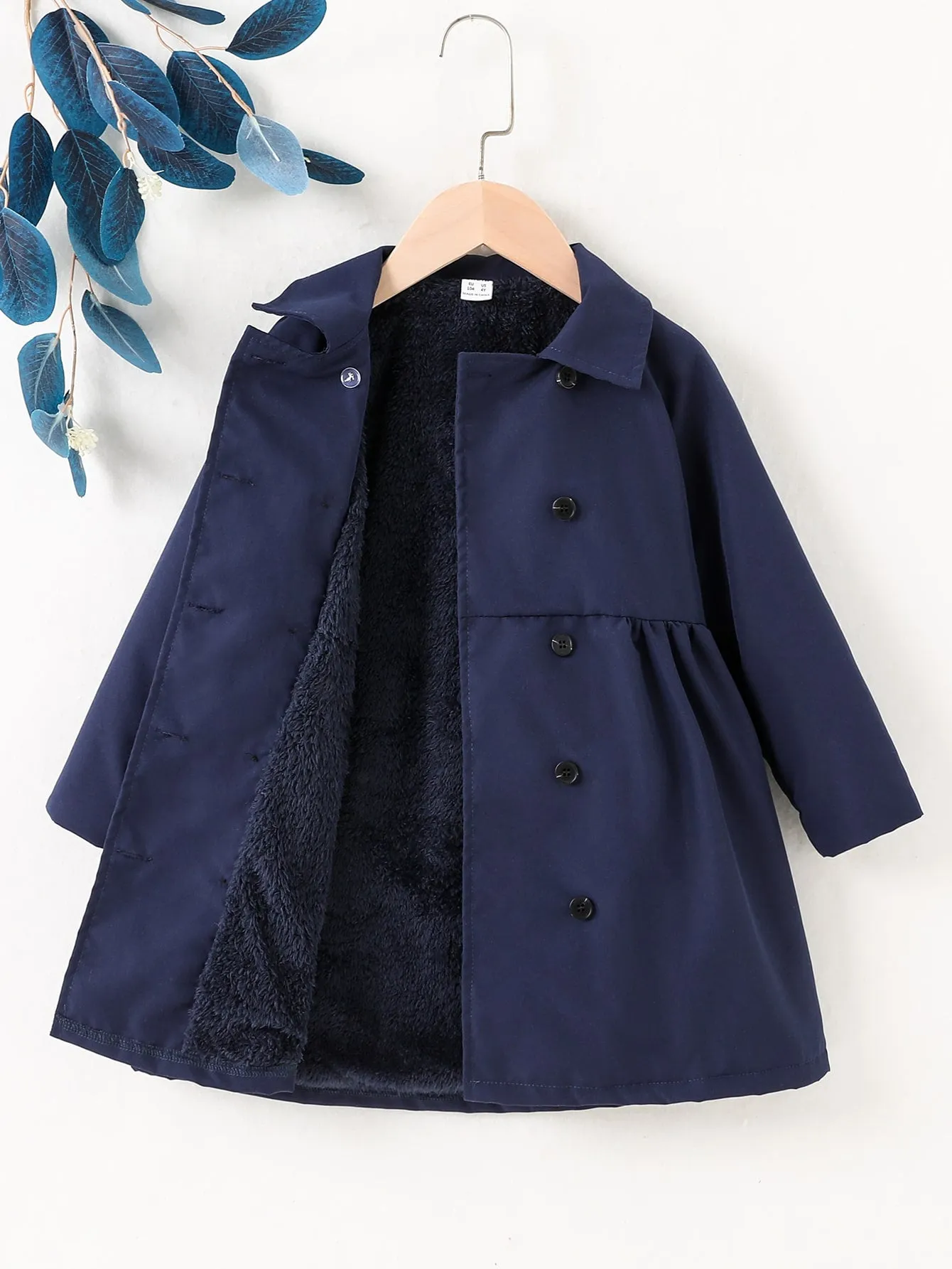 SHEIN Young Girl Raglan Sleeve Double Breasted Teddy Lined Coat FD