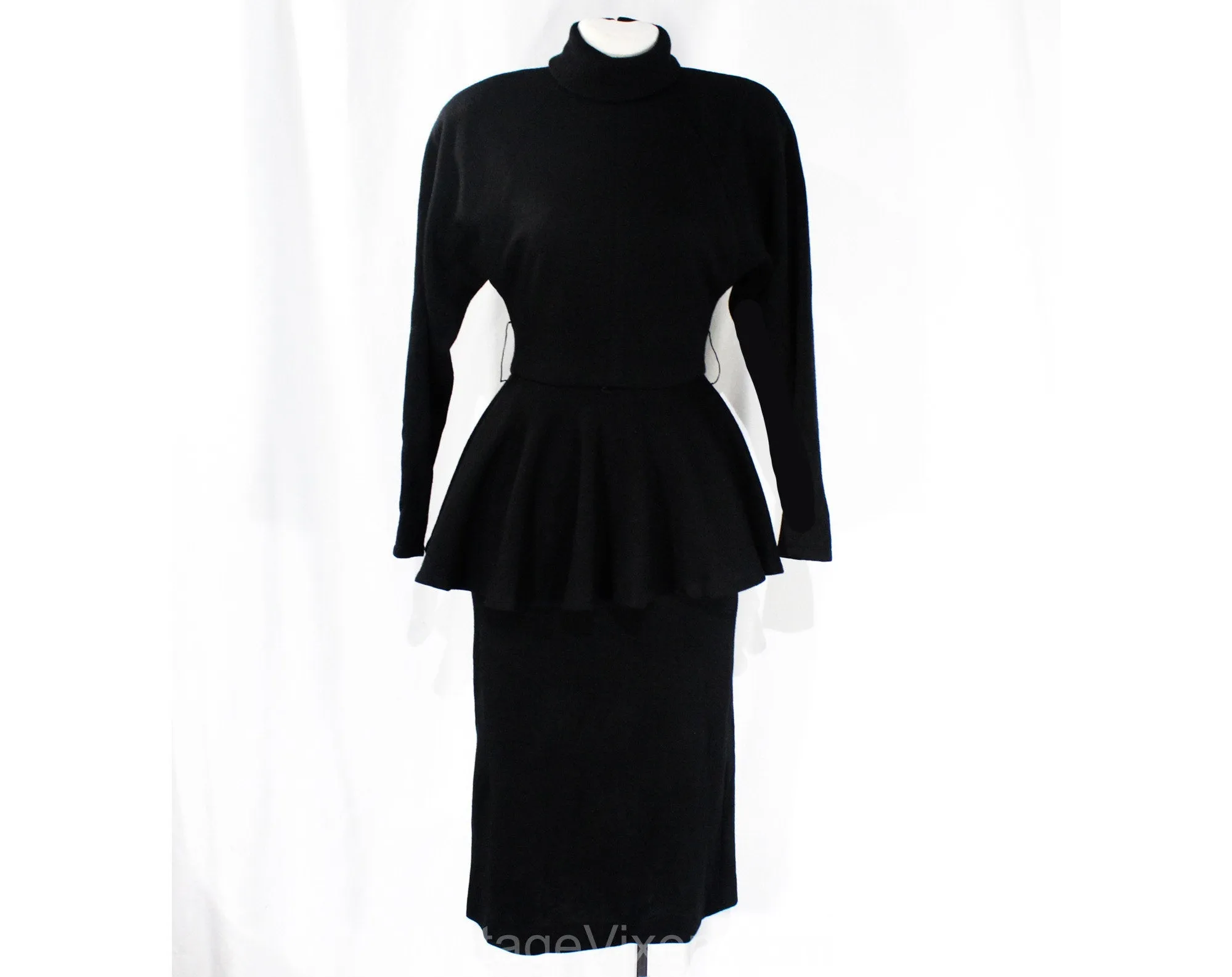 Size 2 Sexy 1940s Style Dress with Peplum & Leopard Print Belt - Posh Quality 80s 90s with 40s Look - Gorgeous Black Wool Knit - Waist 24