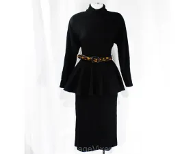 Size 2 Sexy 1940s Style Dress with Peplum & Leopard Print Belt - Posh Quality 80s 90s with 40s Look - Gorgeous Black Wool Knit - Waist 24