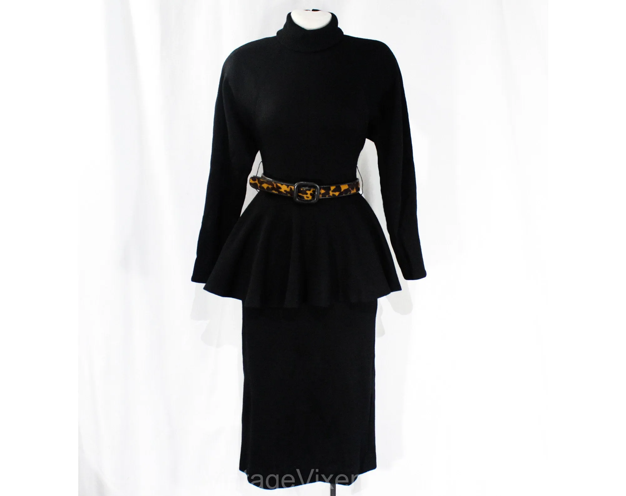 Size 2 Sexy 1940s Style Dress with Peplum & Leopard Print Belt - Posh Quality 80s 90s with 40s Look - Gorgeous Black Wool Knit - Waist 24