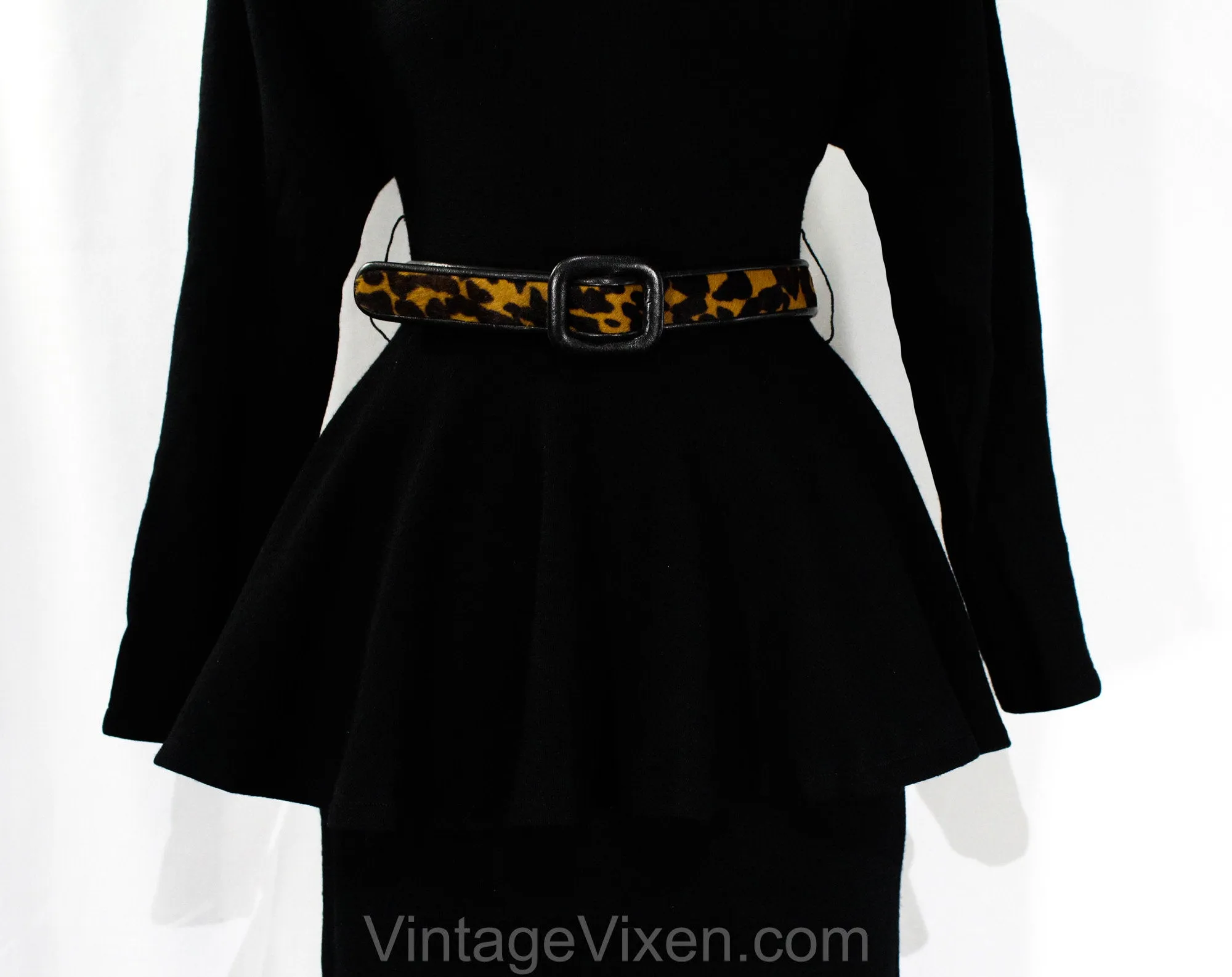 Size 2 Sexy 1940s Style Dress with Peplum & Leopard Print Belt - Posh Quality 80s 90s with 40s Look - Gorgeous Black Wool Knit - Waist 24