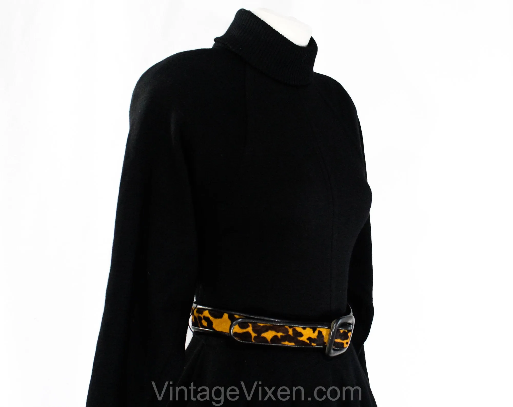 Size 2 Sexy 1940s Style Dress with Peplum & Leopard Print Belt - Posh Quality 80s 90s with 40s Look - Gorgeous Black Wool Knit - Waist 24