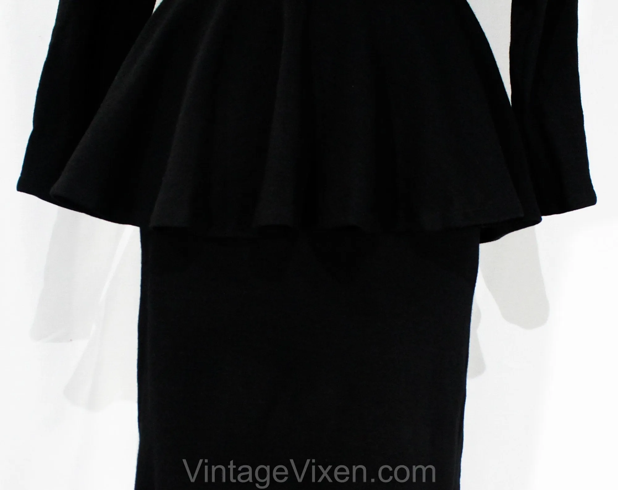 Size 2 Sexy 1940s Style Dress with Peplum & Leopard Print Belt - Posh Quality 80s 90s with 40s Look - Gorgeous Black Wool Knit - Waist 24
