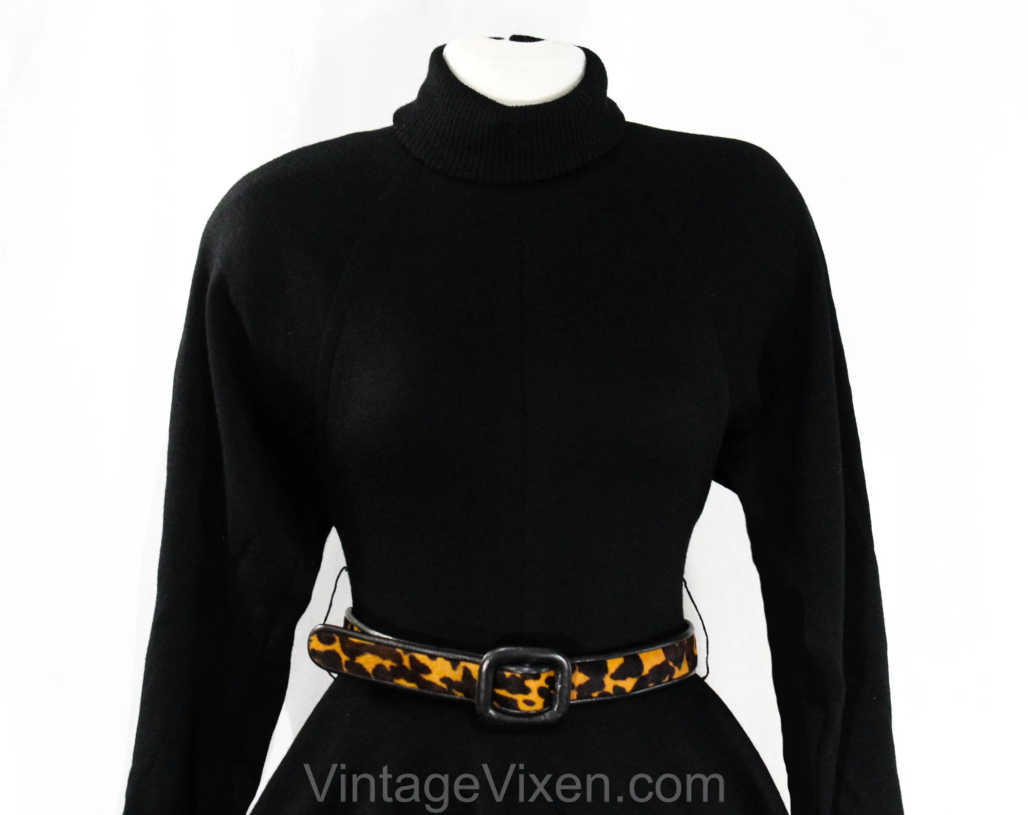 Size 2 Sexy 1940s Style Dress with Peplum & Leopard Print Belt - Posh Quality 80s 90s with 40s Look - Gorgeous Black Wool Knit - Waist 24