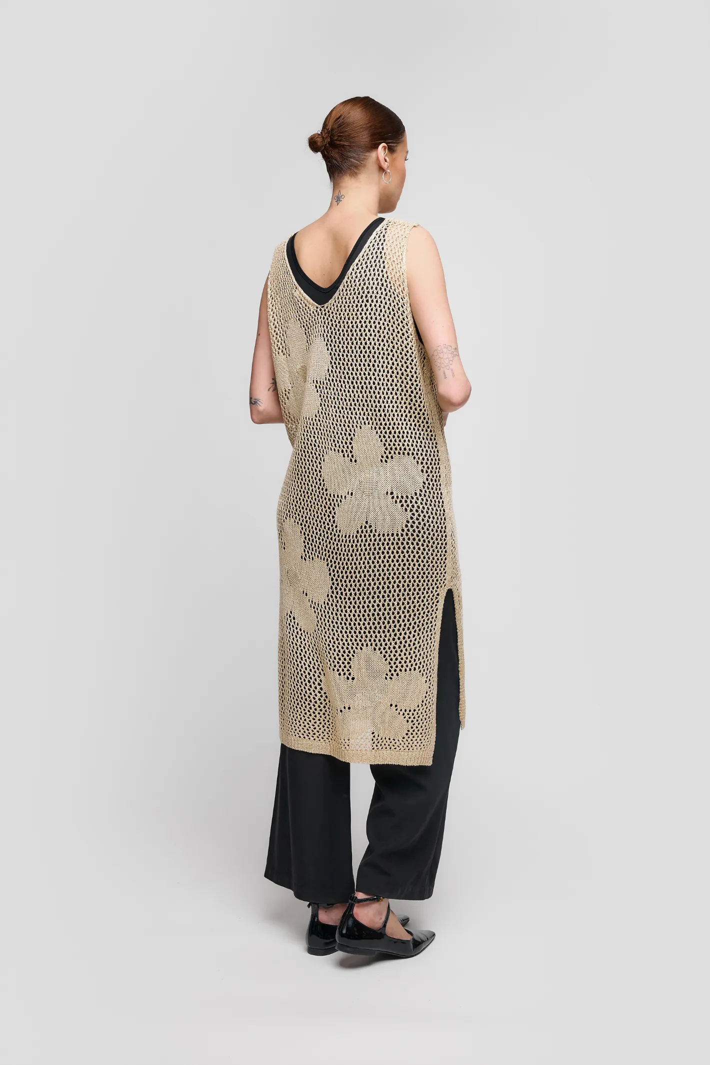 Uchuu CS25-903 Gold Floral Knitted Dress – Women’s Open-Knit Midi Dress