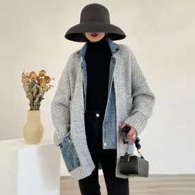 Vintage Colorblock Jacket For Women Lapel Long Sleeve Patchwork Denim Casual Jackets Female Autumn Clothing Fashion