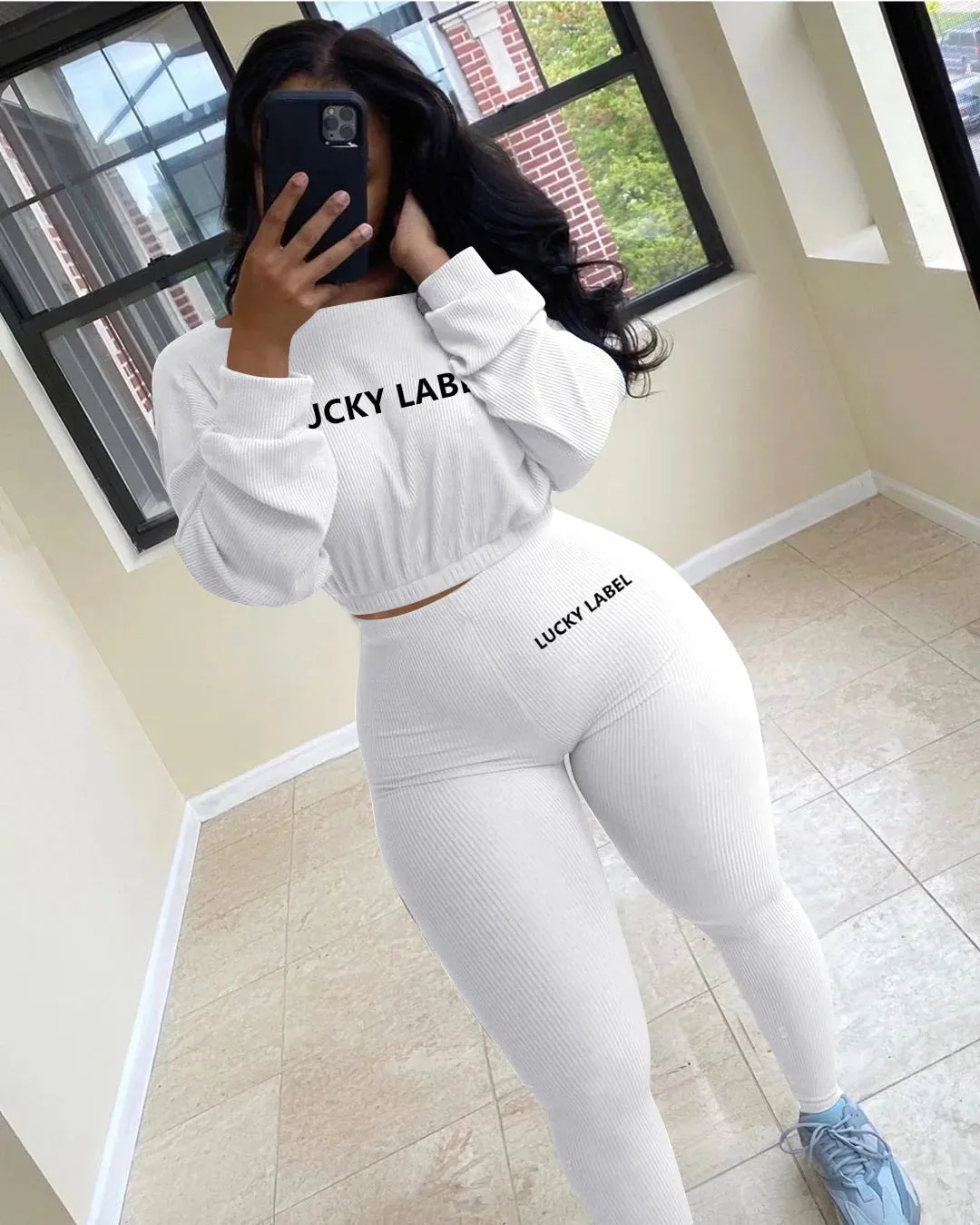Women Letter Printed Embroidery Two Piece Ribbed Tracksuits Long Sleeve Sweatshirt and Skinny Pants Set