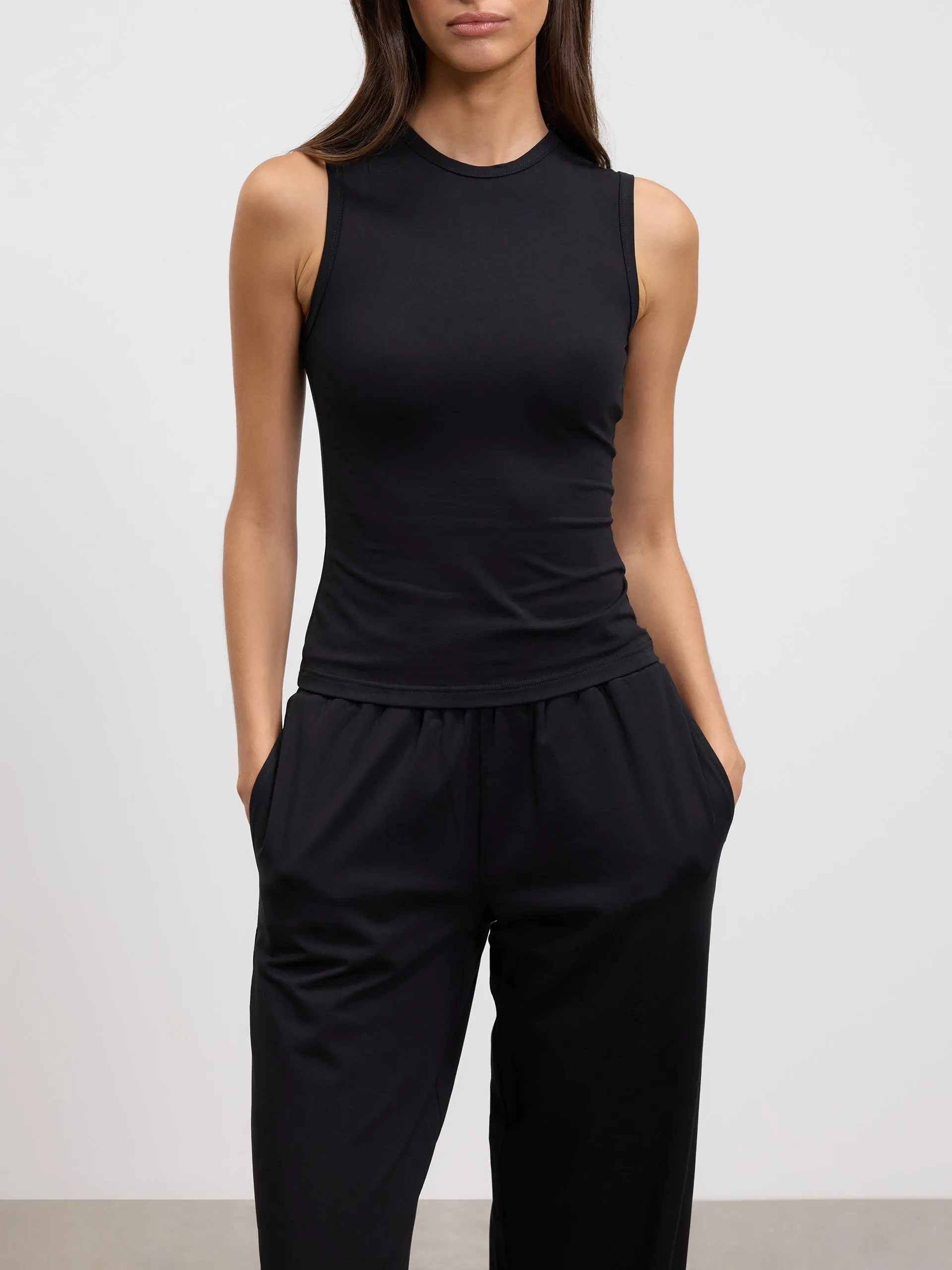 Womens Cotton Modal Round Neck Vest in Black
