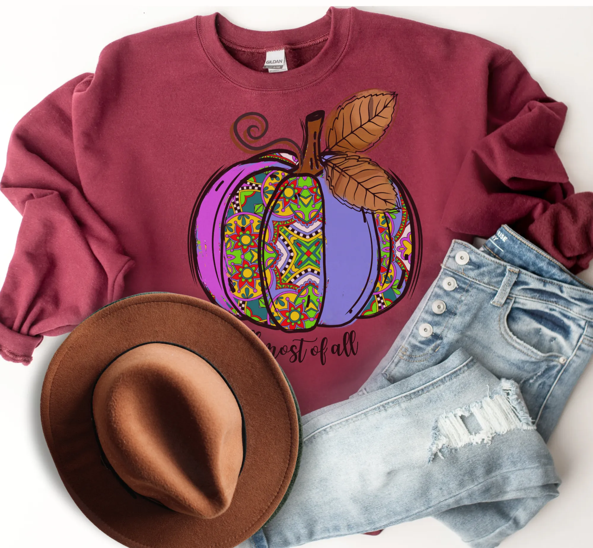 Women's I Love Fall Most Of All Hand Drawn Pumpkin Design Sweatshirt Gildan Pullover