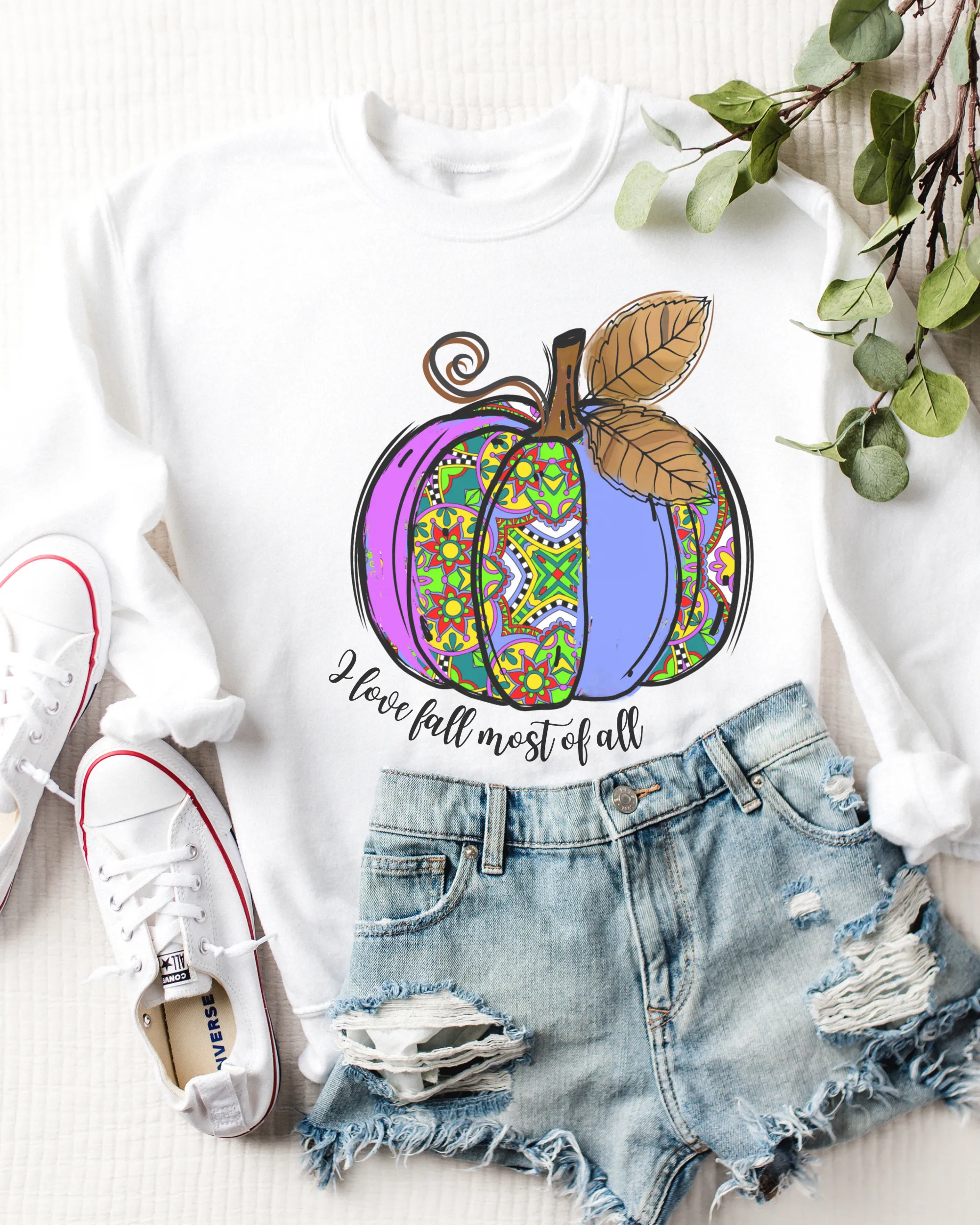 Women's I Love Fall Most Of All Hand Drawn Pumpkin Design Sweatshirt Gildan Pullover