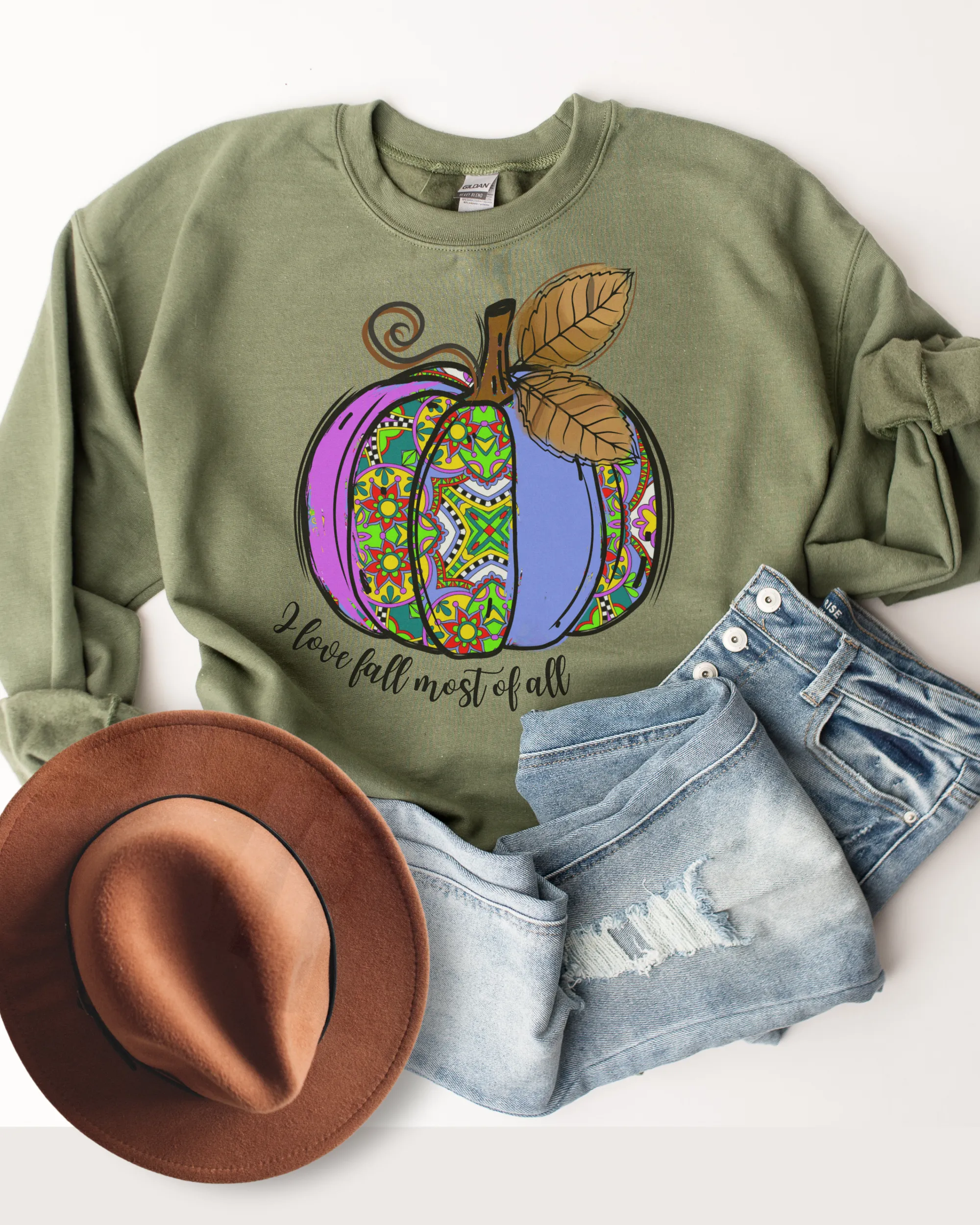 Women's I Love Fall Most Of All Hand Drawn Pumpkin Design Sweatshirt Gildan Pullover