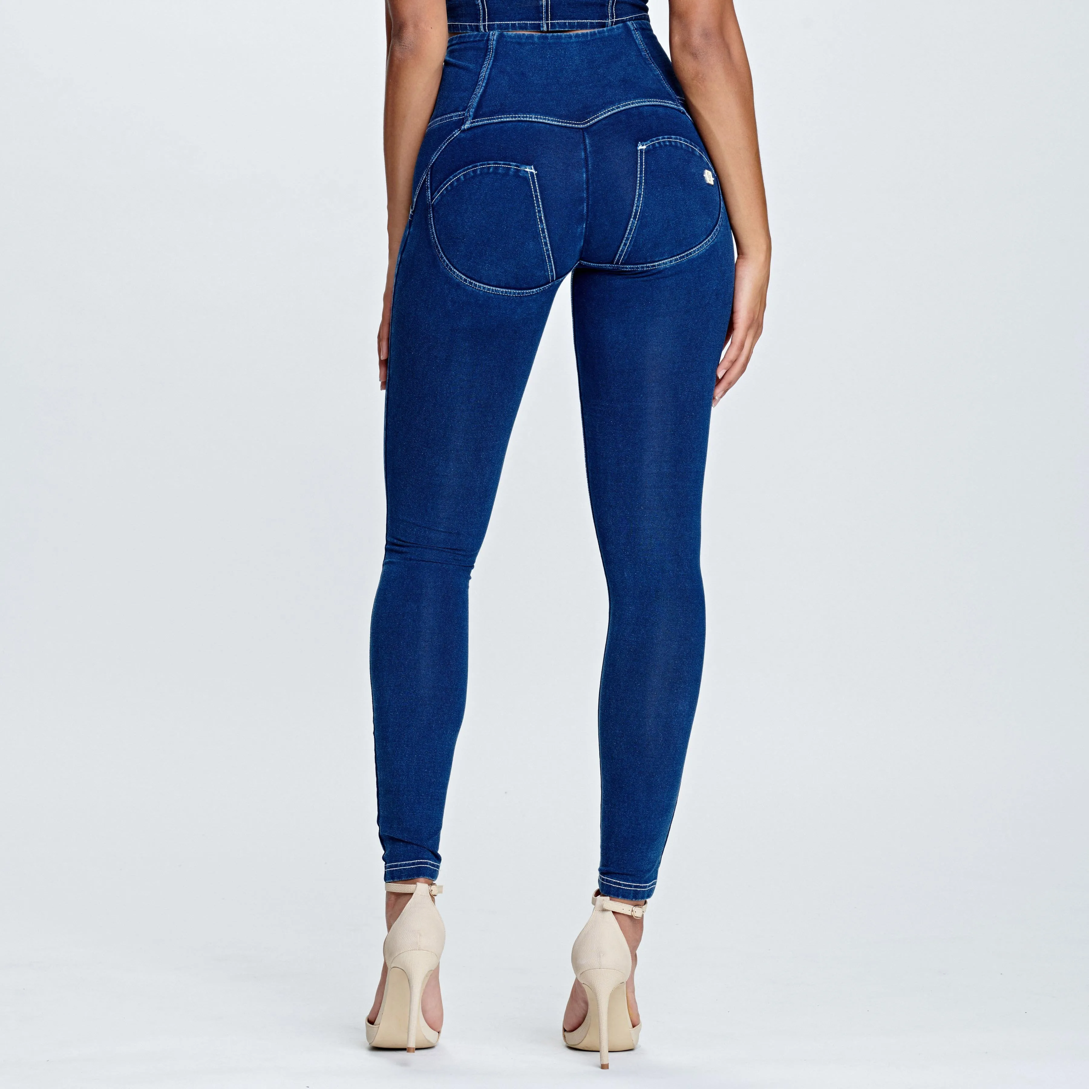 WR.UP® Denim - 4 Button High Waist - Full Length  - Dark Blue   White Stitching